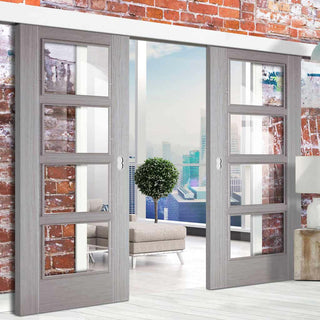 Image: Bespoke Thruslide Surface Light Grey Vancouver Door - Clear Glass - Prefinished Sliding Double Door and Track Kit