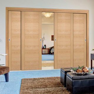 Image: Bespoke Thruslide Vancouver Oak 5P Flush Door - 4 Sliding Doors and Frame Kit - Prefinished