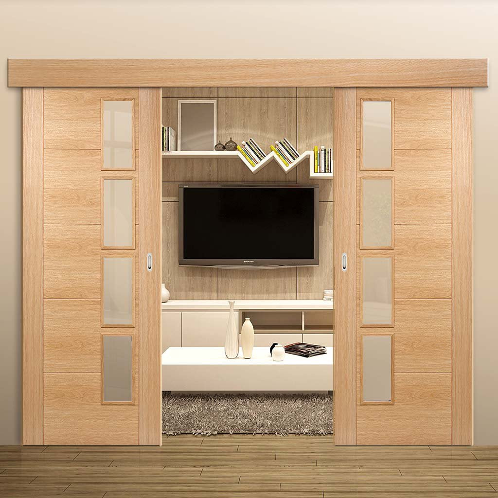 Bespoke Thruslide Surface Vancouver Oak 4L Door - Clear Glazed Offset - Prefinished Sliding Double Door and Track Kit