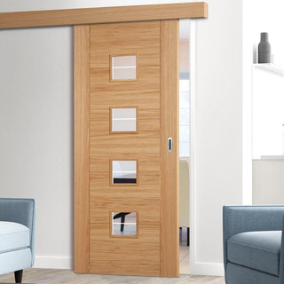 Image: Bespoke Thruslide Surface Vancouver Oak 4LS Door Diamond Lined Clear Glass - Sliding Door and Track Kit - Prefinished