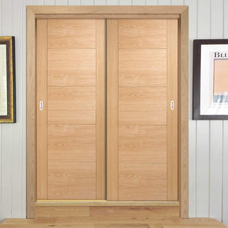 Image: Bespoke Thruslide Vancouver Oak 5P Flush Door - 2 Sliding Doors and Frame Kit - Prefinished