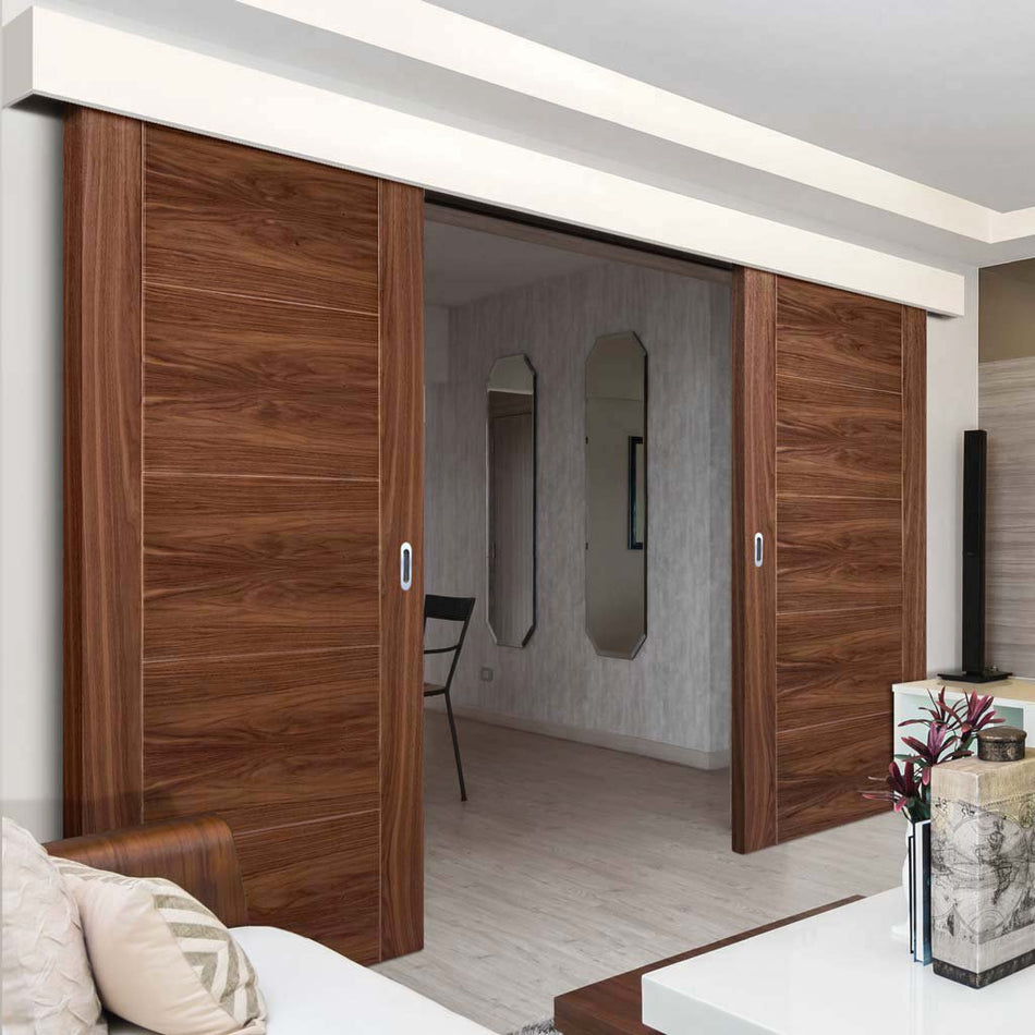 Bespoke Thruslide Surface Vancouver Walnut 5P Flush Door - Prefinished Sliding Double Door and Track Kit