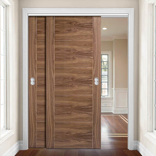 Image: Bespoke Thruslide Vancouver Walnut 5P Flush Door - 2 Sliding Doors and Frame Kit - Prefinished