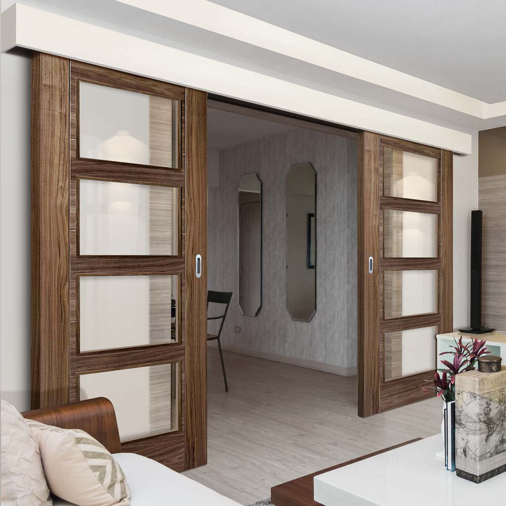 Bespoke Thruslide Surface Vancouver Walnut 4L Door - Clear Glass - Prefinished Sliding Double Door and Track Kit