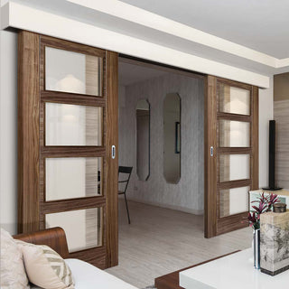 Image: Bespoke Thruslide Surface Vancouver Walnut 4L Door - Clear Glass - Prefinished Sliding Double Door and Track Kit