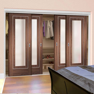 Image: Bespoke Thruslide Varese Walnut Glazed 4 Door Wardrobe and Frame Kit - Aluminium Inlay - Prefinished