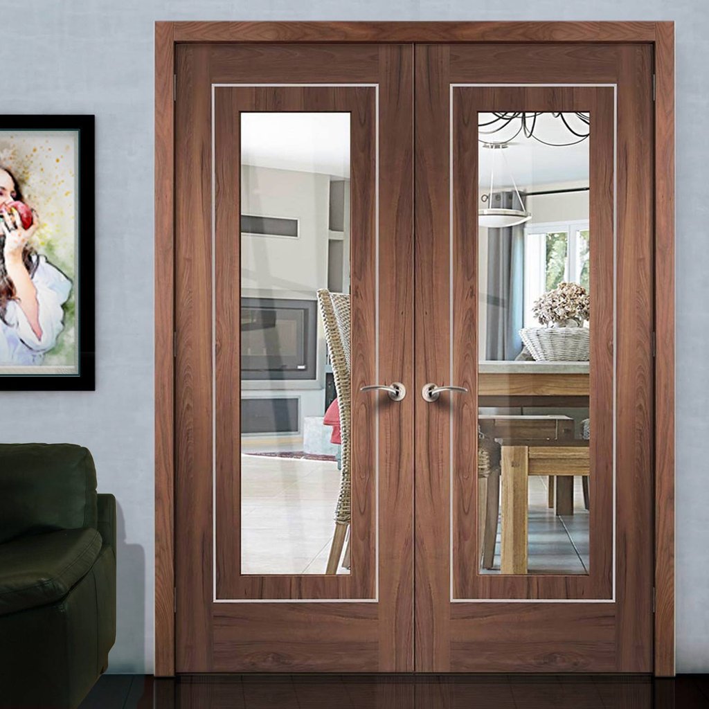 Bespoke Varese Walnut Glazed Door Pair - Aluminium Inlay - Prefinished