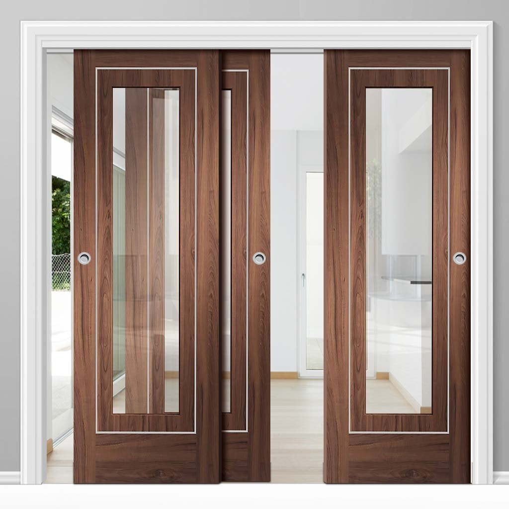 Bespoke Thruslide Varese Walnut Glazed - 3 Sliding Doors and Frame Kit - Aluminium Inlay - Prefinished