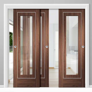 Image: Bespoke Thruslide Varese Walnut Glazed - 3 Sliding Doors and Frame Kit - Aluminium Inlay - Prefinished
