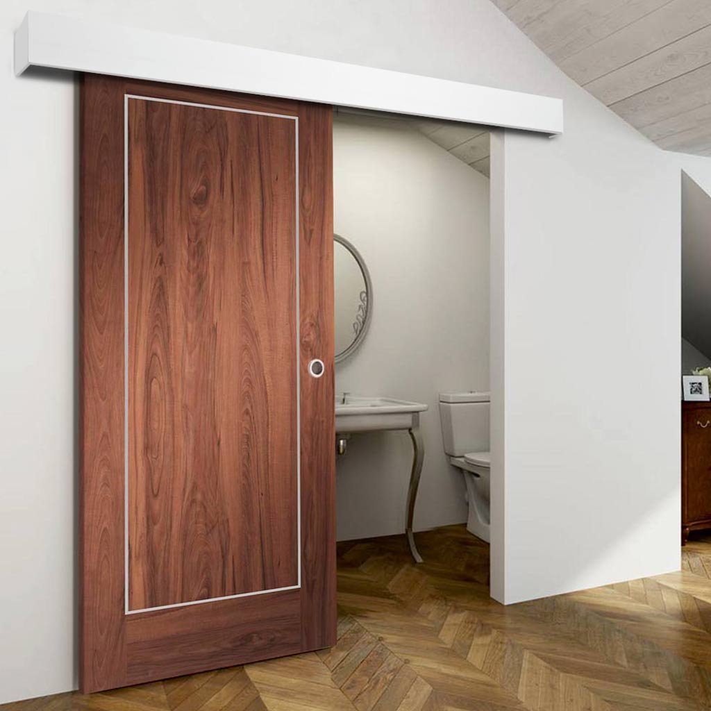 Bespoke Thruslide Surface Varese Walnut Flush - Sliding Door and Track Kit - Aluminium Inlay - Prefinished