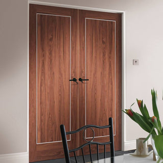 Image: Bespoke Varese Walnut Flush Door Pair - Aluminium Inlay - Prefinished