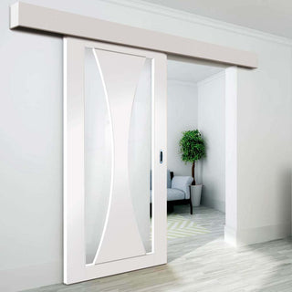Image: Bespoke Thruslide Surface Verona Glazed - Sliding Door and Track Kit - White Primed