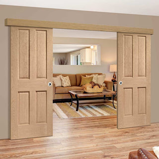 Image: Bespoke Thruslide Surface Victorian Oak 4 Panel - Sliding Double Door and Track Kit - Prefinished