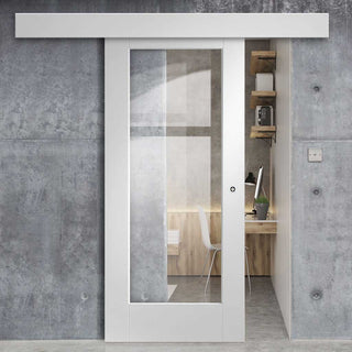 Image: Bespoke Thruslide Surface Pattern 10 1 Pane Glazed - Sliding Door and Track Kit - White Primed