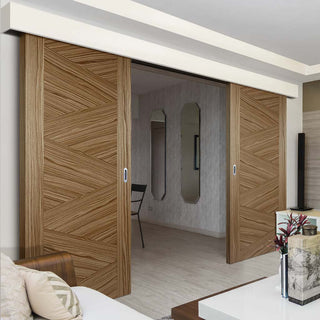 Image: Bespoke Thruslide Surface Zeus Walnut Flush Door - Prefinished Sliding Double Door and Track Kit