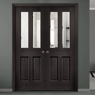 Image: Prefinished Malton Oak Door Pair - Bevelled Clear Glass - No Raised Mouldings - Choose Your Colour