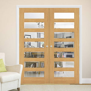 Image: Bespoke Biarritz Oak Internal Door Pair - Clear Bevelled Glass - Prefinished