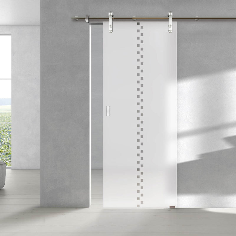 Single Glass Sliding Door - Solaris Tubular Stainless Steel Sliding Track & Bilston 8mm Obscure Glass - Clear Printed Design