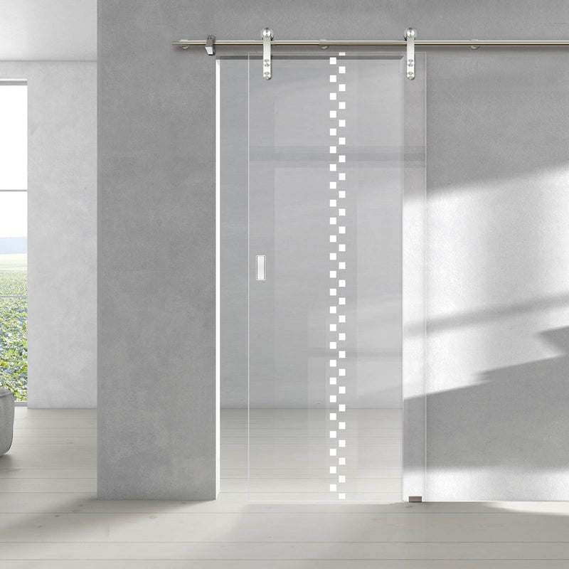 Single Glass Sliding Door - Solaris Tubular Stainless Steel Sliding Track & Bilston 8mm Clear Glass - Obscure Printed Design