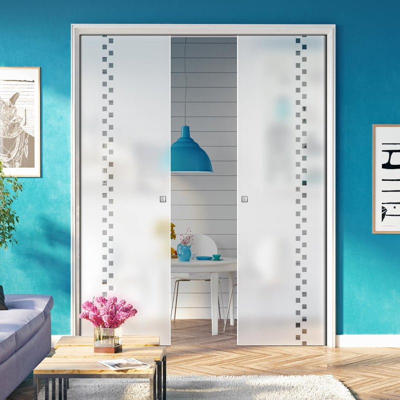 Bilston 8mm Obscure Glass - Clear Printed Design - Double Evokit Pocket Door