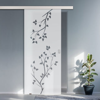 Image: Single Glass Sliding Door - Birch Tree 8mm Obscure Glass - Clear Printed Design with Elegant Track