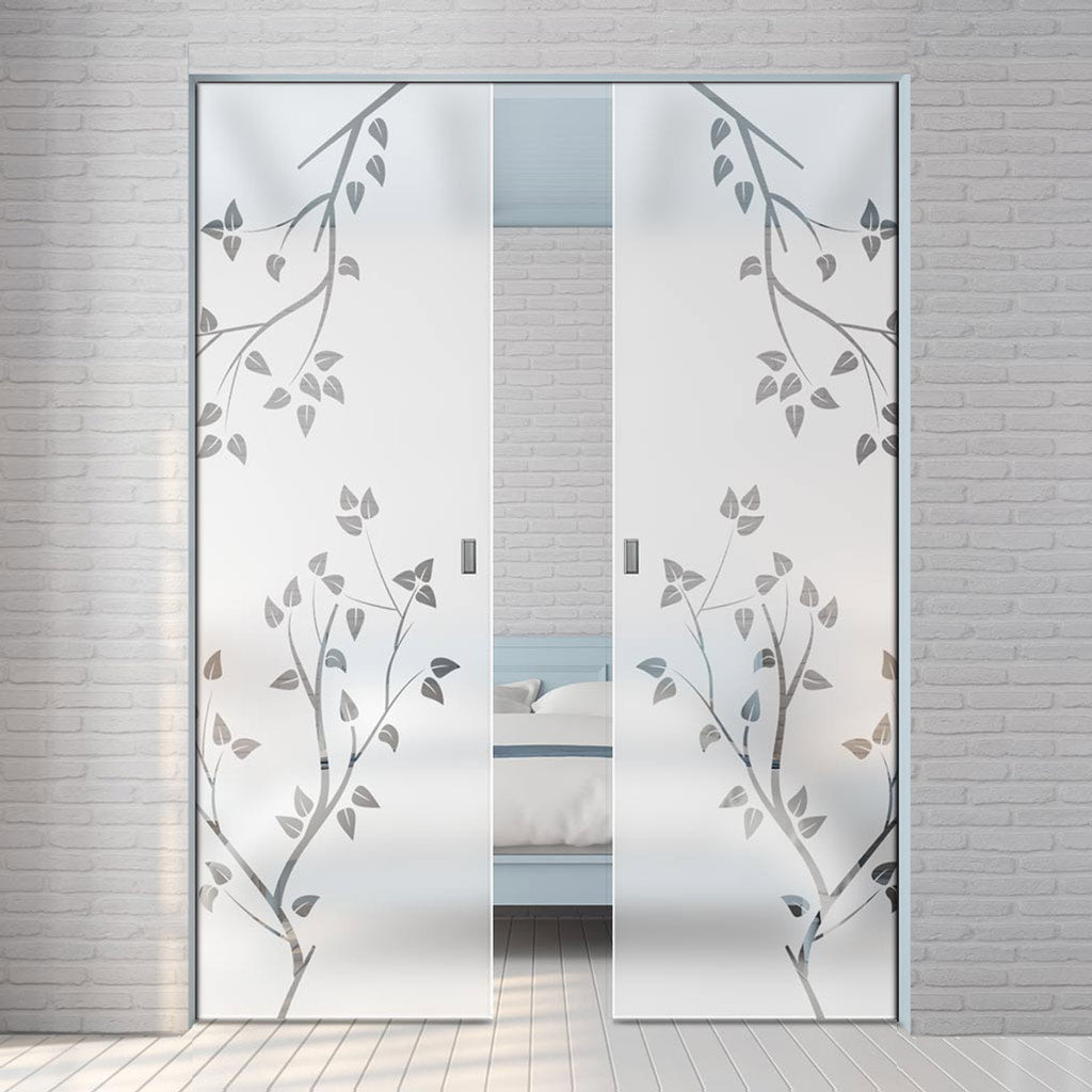 Birch Tree 8mm Obscure Glass - Clear Printed Design - Double Absolute Pocket Door