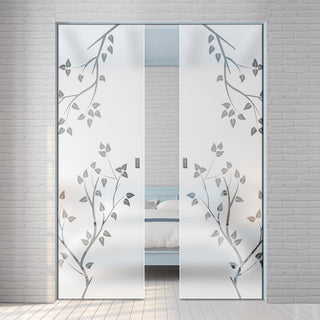 Image: Birch Tree 8mm Obscure Glass - Clear Printed Design - Double Absolute Pocket Door