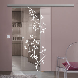 Image: Single Glass Sliding Door - Birch Tree 8mm Clear Glass - Obscure Printed Design with Elegant Track