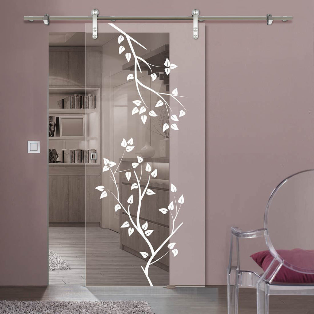 Single Glass Sliding Door - Solaris Tubular Stainless Steel Sliding Track & Birch Tree 8mm Clear Glass - Obscure Printed Design