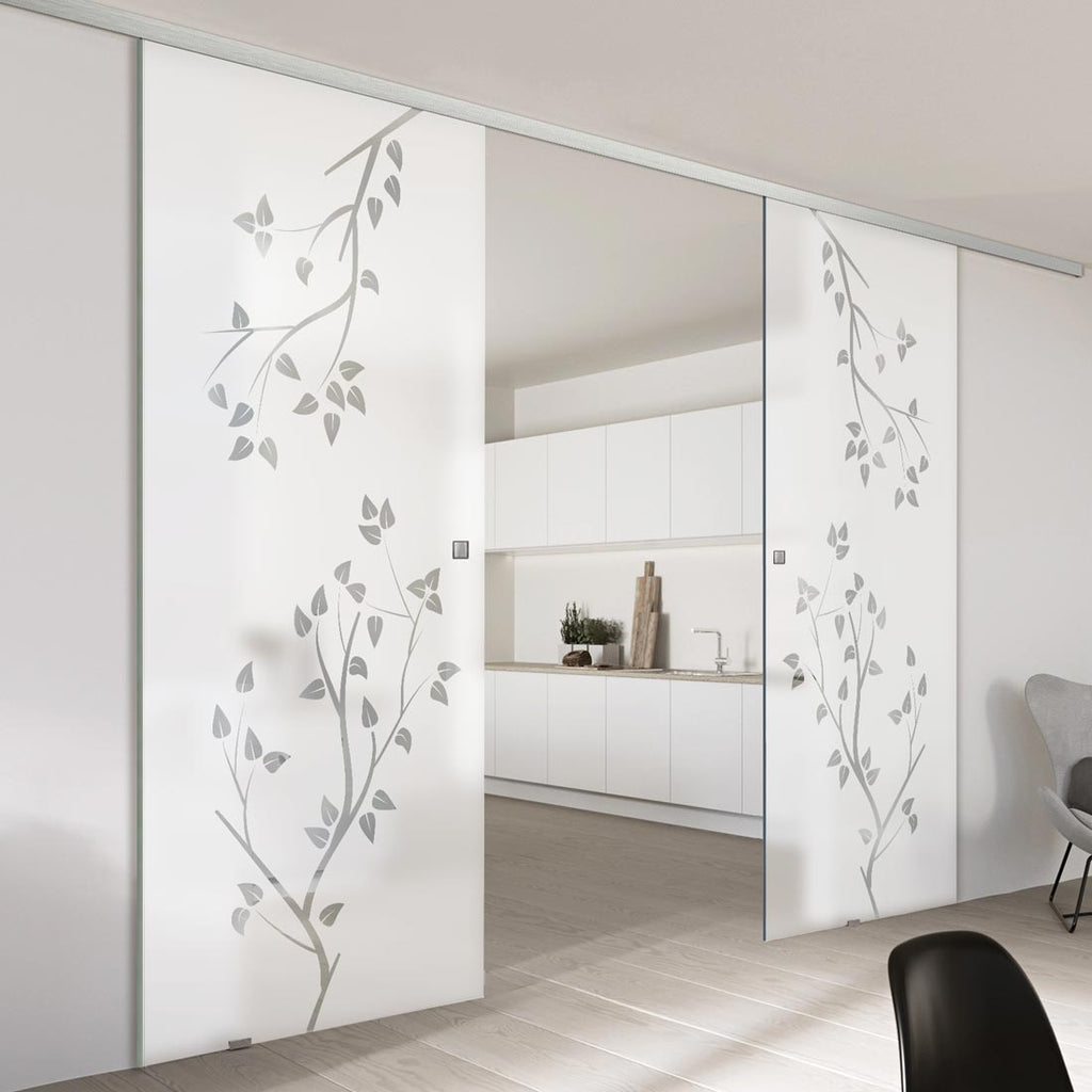 Double Glass Sliding Door - Birch Tree 8mm Obscure Glass - Clear Printed Design with Elegant Track