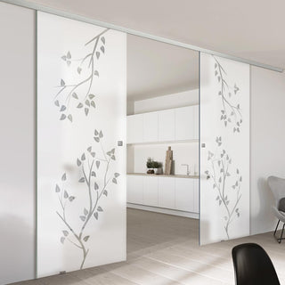 Image: Double Glass Sliding Door - Birch Tree 8mm Obscure Glass - Clear Printed Design with Elegant Track
