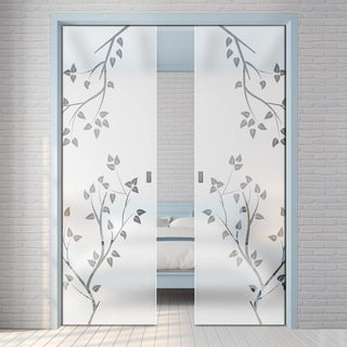 Image: Birch Tree 8mm Obscure Glass - Clear Printed Design - Double Evokit Glass Pocket Door