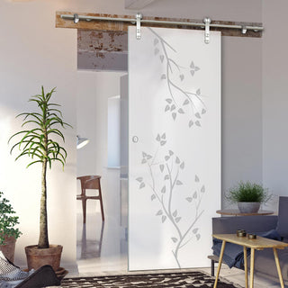 Image: Single Glass Sliding Door - Solaris Tubular Stainless Steel Sliding Track & Birch Tree 8mm Obscure Glass - Obscure Printed Design