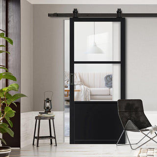 Image: Top Mounted Black Sliding Track & Solid Wood Door - Eco-Urban® Berkley 2 Pane 1 Panel Solid Wood Door DD6309G - Clear Glass - Shadow Black Premium Primed