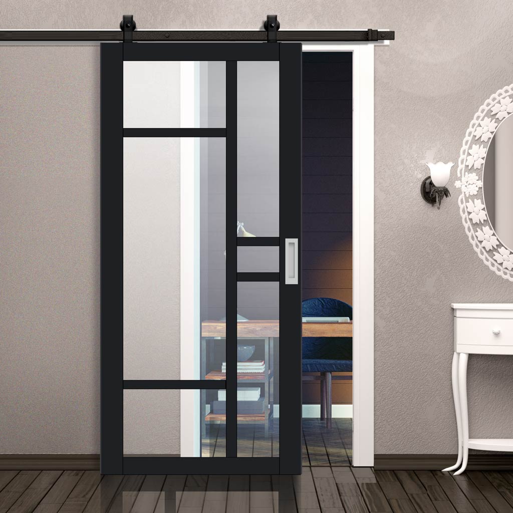 Top Mounted Black Sliding Track & Solid Wood Door - Eco-Urban® Isla 6 Pane Solid Wood Door DD6429G Clear Glass - Shadow Black Premium Primed