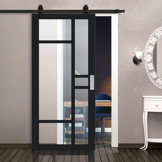 Image: Top Mounted Black Sliding Track & Solid Wood Door - Eco-Urban® Isla 6 Pane Solid Wood Door DD6429G Clear Glass - Shadow Black Premium Primed