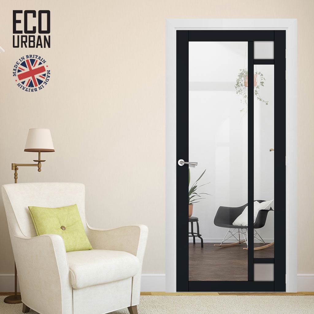 Handmade Eco-Urban Suburban 4 Pane Solid Wood Internal Door UK Made DD6411G Clear Glass(2 FROSTED CORNER PANES)- Eco-Urban® Shadow Black Premium Primed