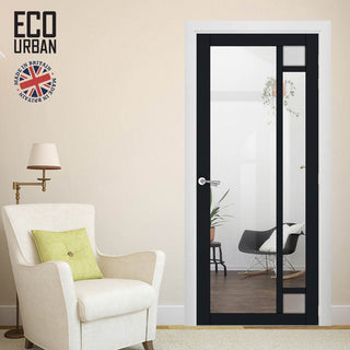 Image: Handmade Eco-Urban Suburban 4 Pane Solid Wood Internal Door UK Made DD6411G Clear Glass(2 FROSTED CORNER PANES)- Eco-Urban® Shadow Black Premium Primed