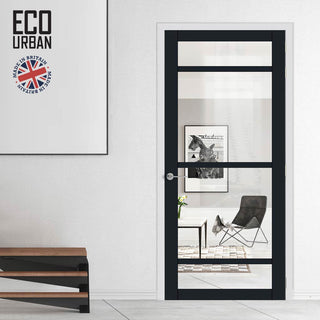 Image: Handmade Eco-Urban Malvan 4 Pane Solid Wood Internal Door UK Made DD6414G Clear Glass - Eco-Urban® Shadow Black Premium Primed