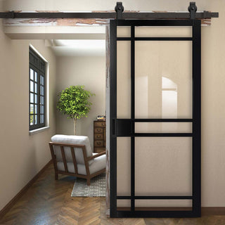 Image: Top Mounted Black Sliding Track & Solid Wood Door - Eco-Urban® Leith 9 Pane Solid Wood Door DD6316G - Clear Glass - Shadow Black Premium Primed