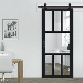 Image: Top Mounted Black Sliding Track & Solid Wood Door - Eco-Urban® Queensland 7 Pane Solid Wood Door DD6424G Clear Glass - Shadow Black Premium Primed