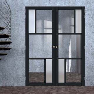 Image: Eco-Urban Arran 5 Pane Solid Wood Internal Door Pair UK Made DD6432G Clear Glass(2 FROSTED PANES) - Eco-Urban® Shadow Black Premium Primed