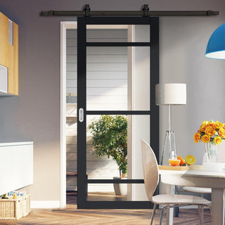 Image: Top Mounted Black Sliding Track & Solid Wood Door - Eco-Urban® Malvan 4 Pane Solid Wood Door DD6414G Clear Glass - Shadow Black Premium Primed