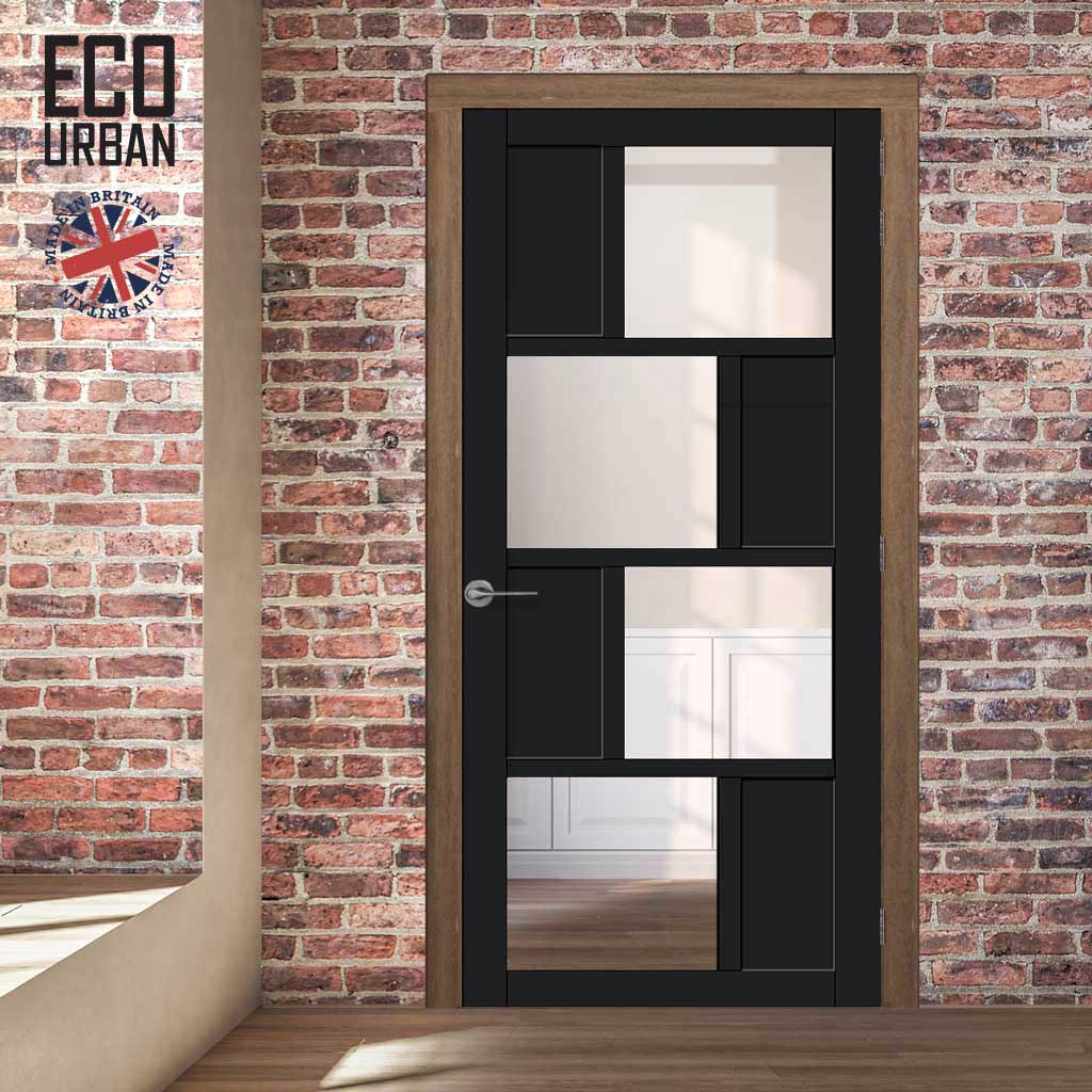 Handmade Eco-Urban Cusco 4 Pane 4 Panel Solid Wood Internal Door UK Made DD6416G Clear Glass - Eco-Urban® Shadow Black Premium Primed