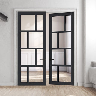 Image: Eco-Urban Kochi 8 Pane Solid Wood Internal Door Pair UK Made DD6415G Clear Glass - Eco-Urban® Shadow Black Premium Primed