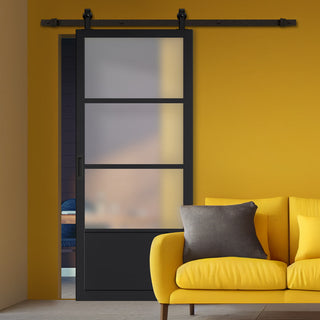 Image: Top Mounted Black Sliding Track & Solid Wood Door - Eco-Urban® Staten 3 Pane 1 Panel Solid Wood Door DD6310SG - Frosted Glass - Shadow Black Premium Primed