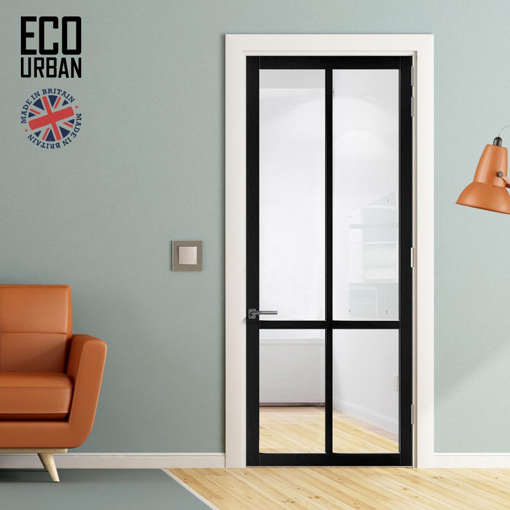 Bronx 4 Pane Solid Wood Internal Door UK Made DD6315G - Clear Glass - Eco-Urban® Shadow Black Premium Primed