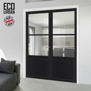 Image: Berkley 2 Pane 1 Panel Solid Wood Internal Door Pair UK Made DD6309G - Clear Glass - Eco-Urban® Shadow Black Premium Primed