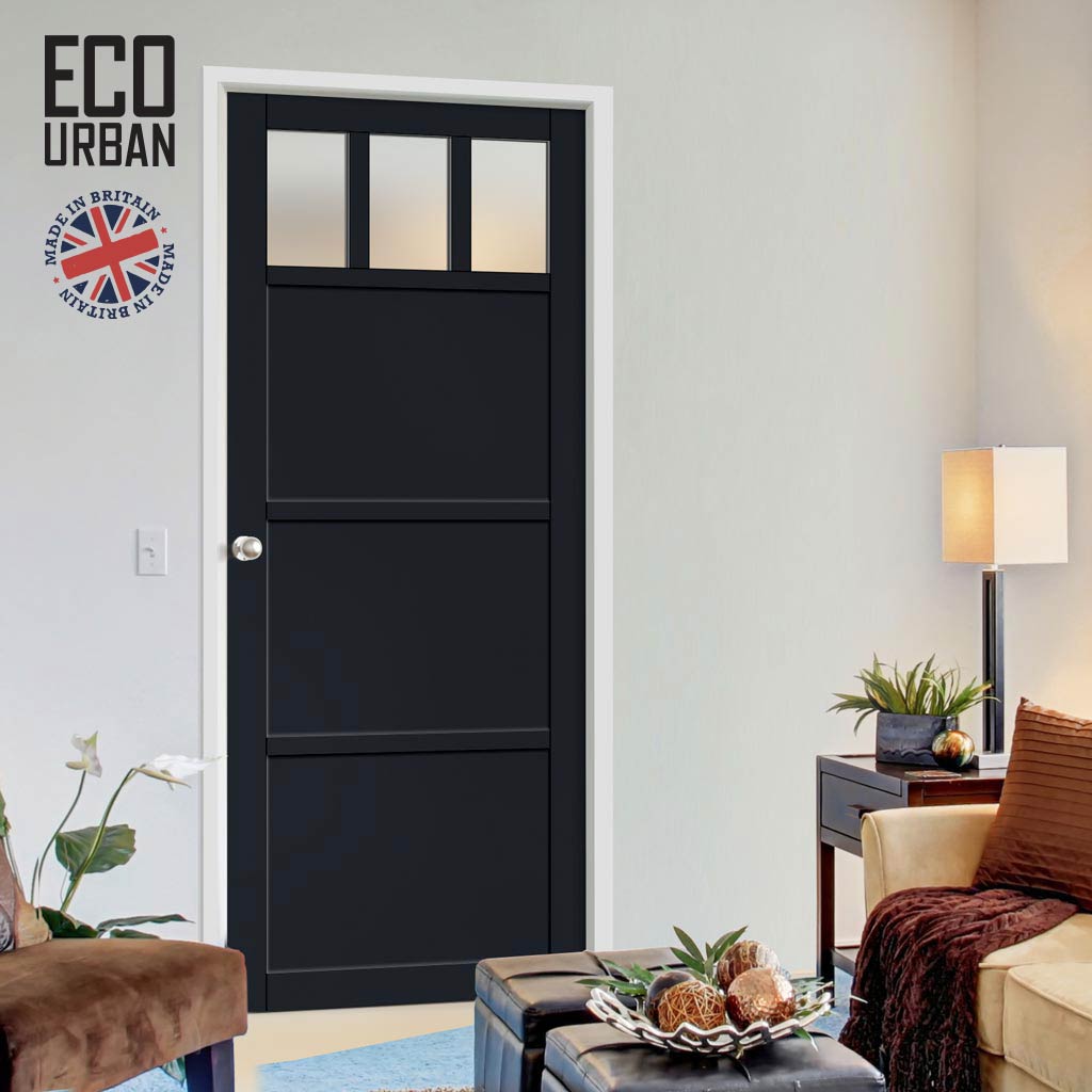 Handmade Eco-Urban Lagos 3 Pane 3 Panel Solid Wood Internal Door UK Made DD6427G Clear Glass - Eco-Urban® Shadow Black Premium Primed