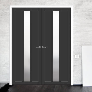 Image: Eco-Urban Cornwall 1 Pane 2 Panel Solid Wood Internal Door Pair UK Made DD6404SG Frosted Glass - Eco-Urban® Shadow Black Premium Primed
